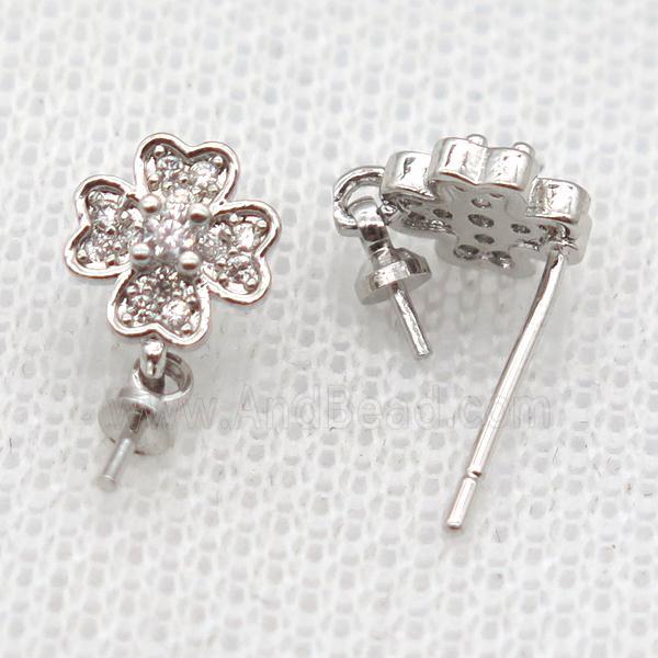 copper Stud Earrings paved zircon, clover, platinum plated