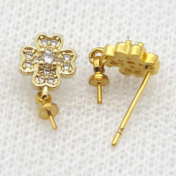 copper Stud Earrings paved zircon, clover, gold plated