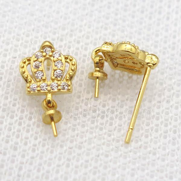 copper Stud Earrings paved zircon, crown, gold plated