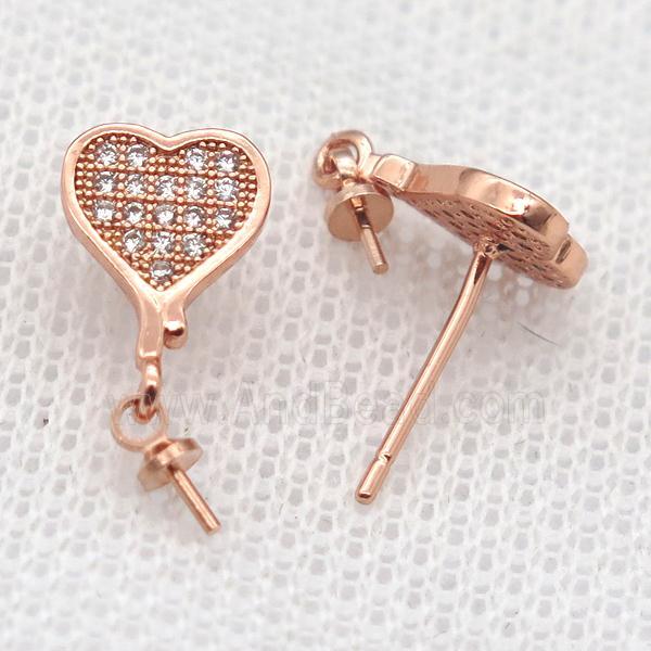 copper Stud Earrings paved zircon, heart, rose gold