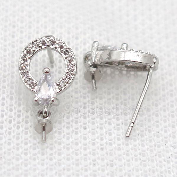 copper Stud Earrings paved zircon, circle, platinum plated