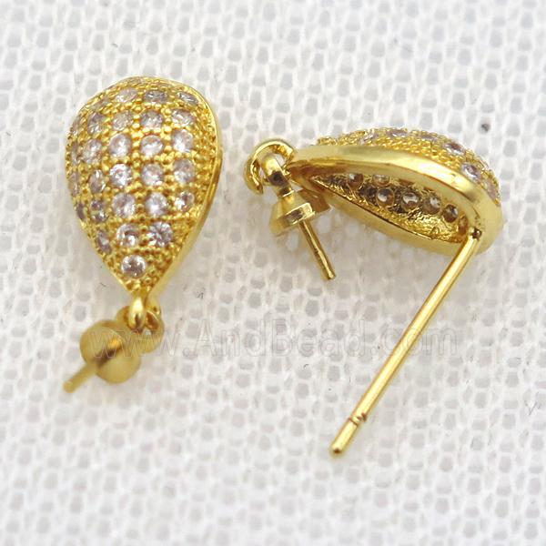 copper Stud Earrings paved zircon, teardrop, gold plated