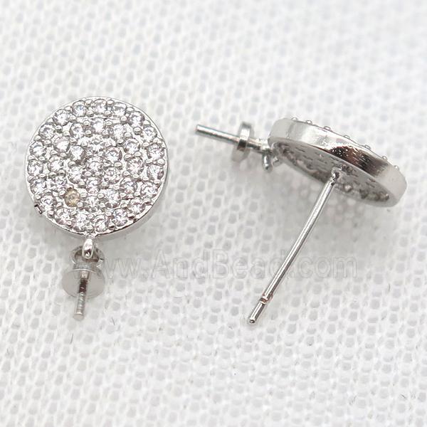 copper Stud Earrings paved zircon, circle, platinum plated