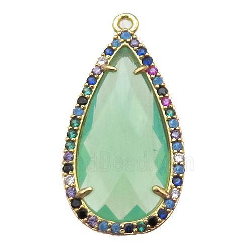 green Crystal Glass teardrop pendant pave zircon, gold plated