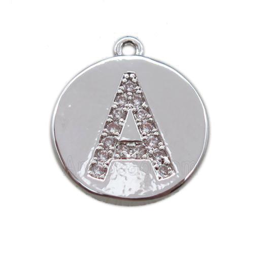 copper letter-A pendant paved zircon, platinum plated
