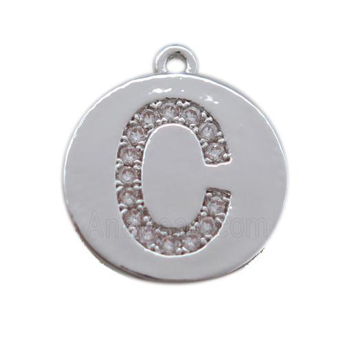 copper letter-C pendant paved zircon, platinum plated