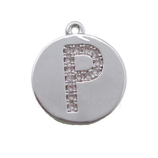 copper letter-P pendant paved zircon, platinum plated