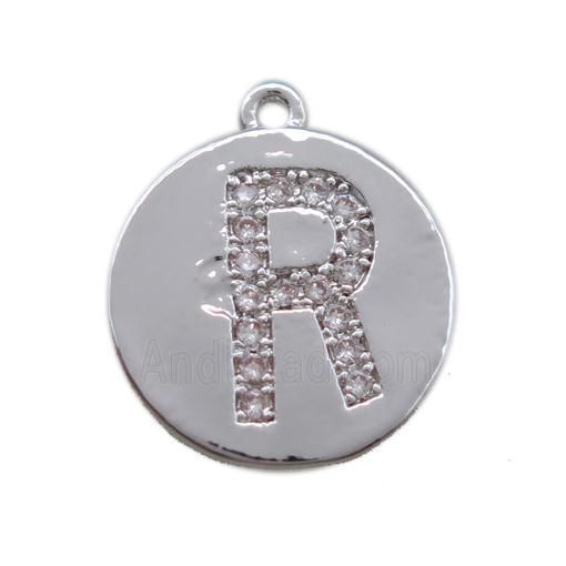 copper letter-R pendant paved zircon, platinum plated