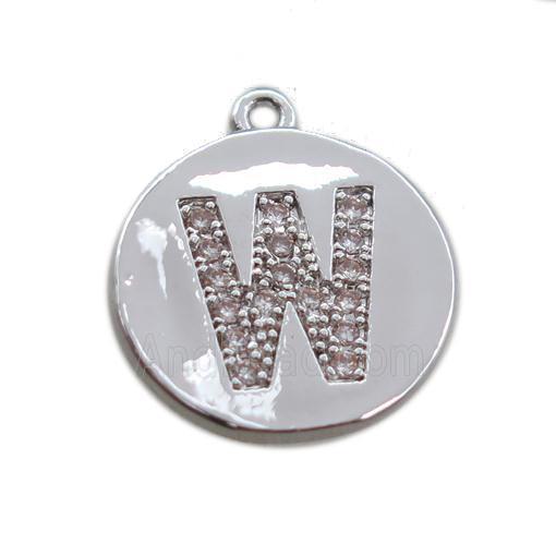 copper letter-W pendant paved zircon, platinum plated