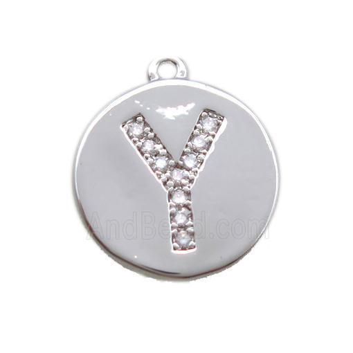 copper letter-Y pendant paved zircon, platinum plated