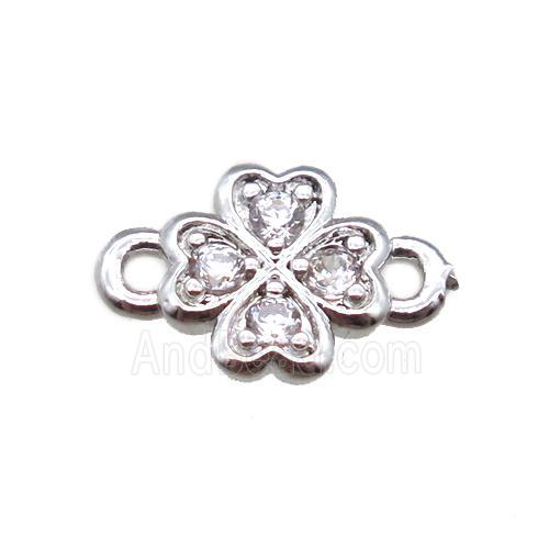 copper clover connector paved zircon, platinum plated