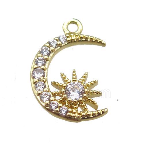 copper moon pendant paved zircon, gold plated