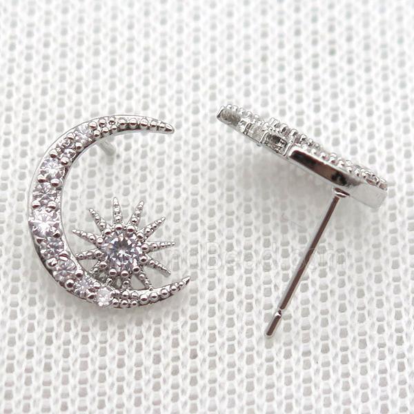 copper stud Earrings pave zircon, moon, platinum plated