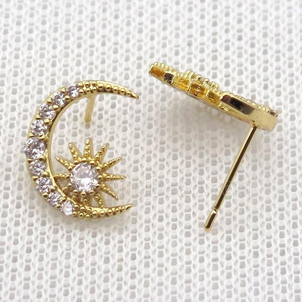copper stud Earrings pave zircon, moon, gold plated