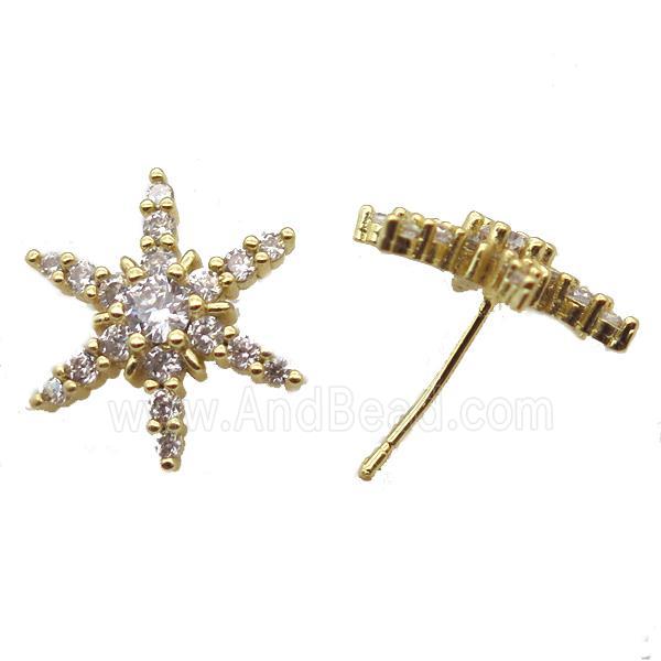copper stud Earrings pave zircon, star, gold plated