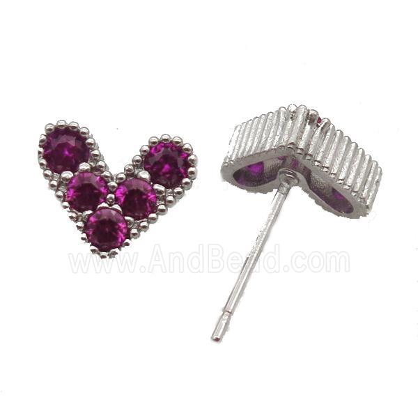 copper stud Earrings pave zircon, heart, platinum plated