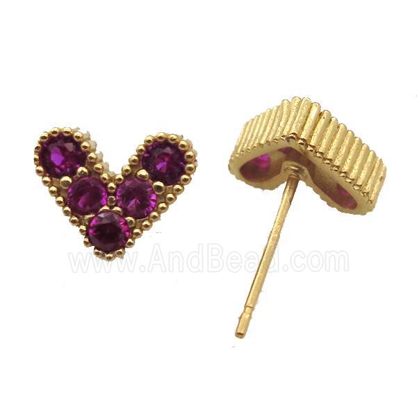 copper stud Earrings pave zircon, heart, gold plated
