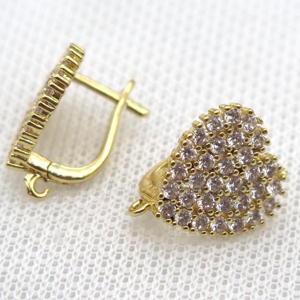 copper Latchback Earrings paved zircon, heart, gold plated