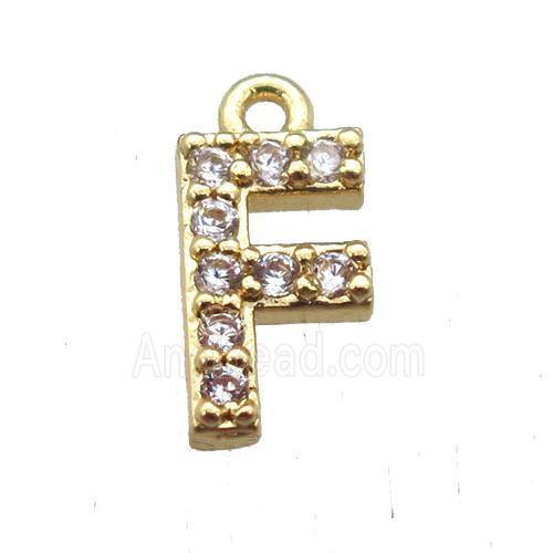 copper letter-F pendant paved zircon, gold plated