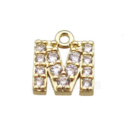 copper letter-M pendant paved zircon, gold plated
