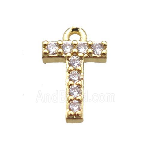 copper letter-T pendant paved zircon, gold plated