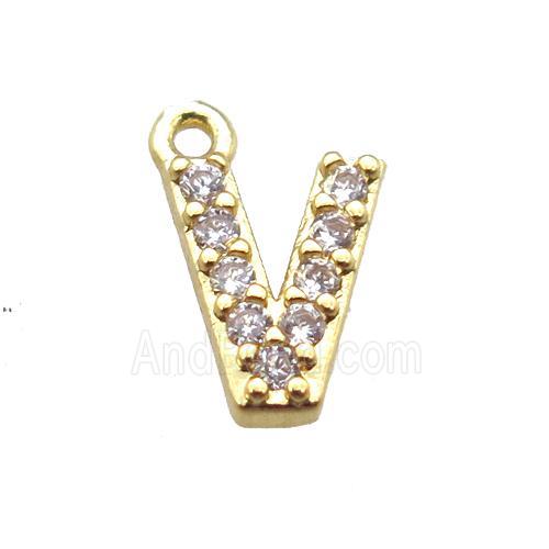 copper letter-V pendant paved zircon, gold plated