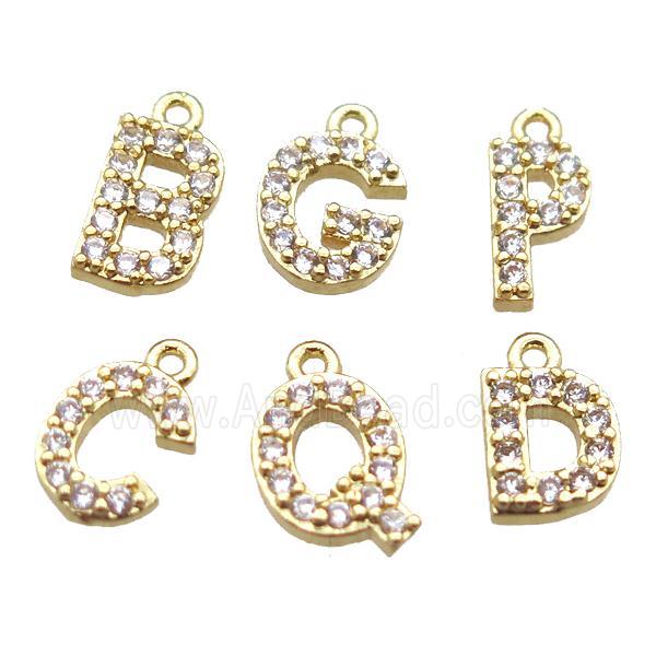 copper letter charm pendant paved zircon, mixed alphabet, gold plated