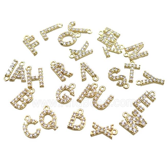 copper letter charm pendant paved zircon, mixed alphabet, gold plated