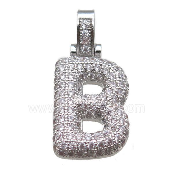 copper letter-B pendant paved zircon, platinum plated