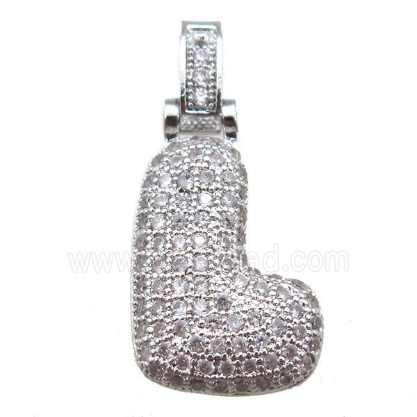copper letter-L pendant paved zircon, platinum plated