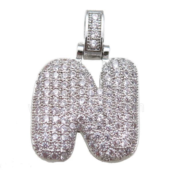 copper letter-N pendant paved zircon, platinum plated