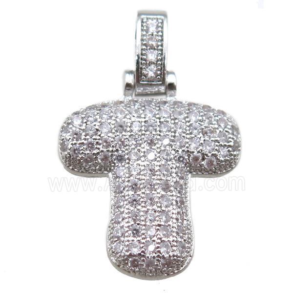 copper letter-T pendant paved zircon, platinum plated