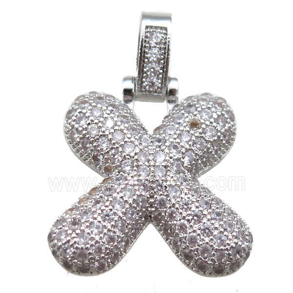copper letter-X pendant paved zircon, platinum plated