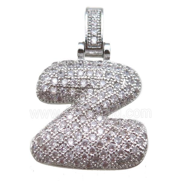copper letter-Z pendant paved zircon, platinum plated