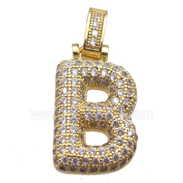 copper letter-B pendant paved zircon, gold plated