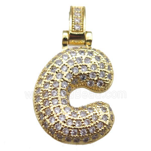 copper letter-C pendant paved zircon, gold plated