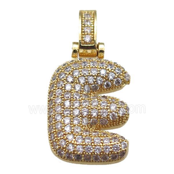 copper letter-E pendant paved zircon, gold plated