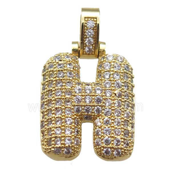 copper letter-H pendant paved zircon, gold plated