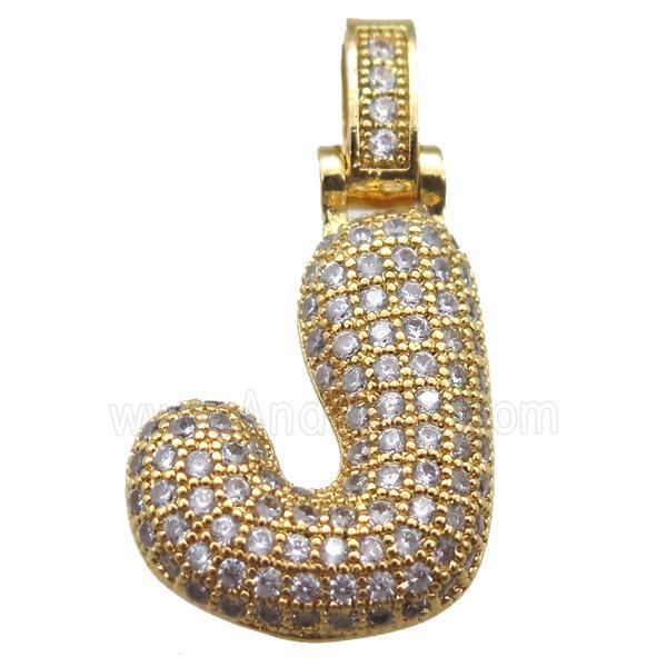 copper letter-J pendant paved zircon, gold plated
