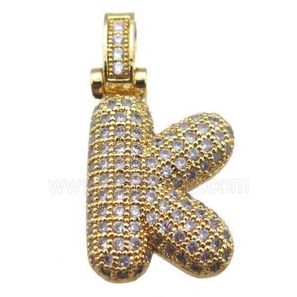 copper letter-K pendant paved zircon, gold plated