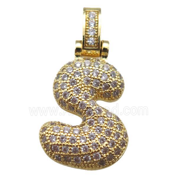 copper letter-S pendant paved zircon, gold plated