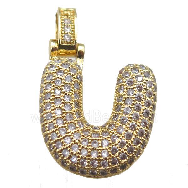 copper letter-U pendant paved zircon, gold plated