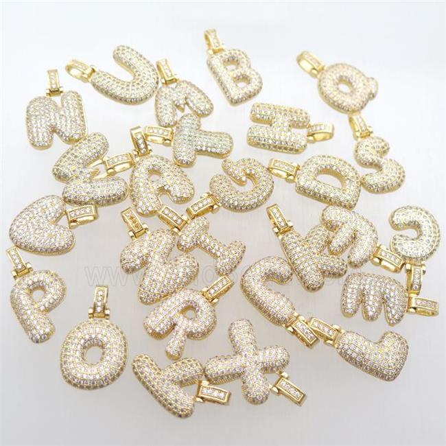 copper alphabet pendant paved zircon, mixed letter, gold plated