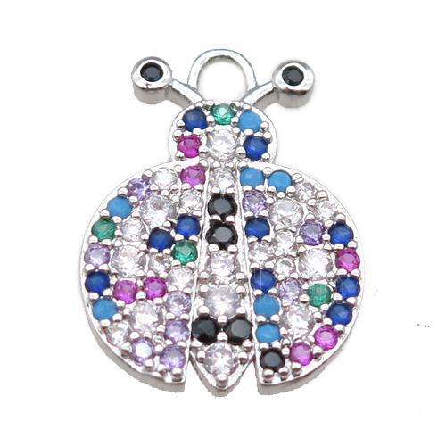 copper Ladybug pendant paved zircon, platinum plated
