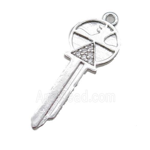 copper key pendant paved zircon, platinum plated