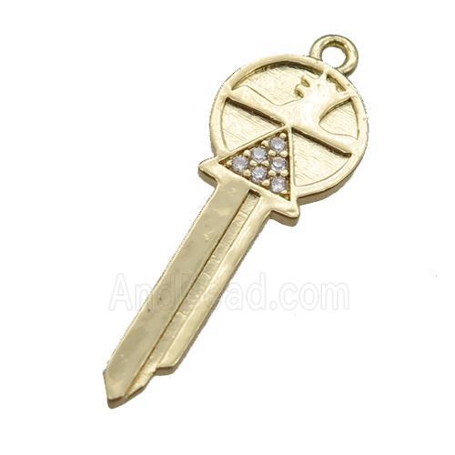 copper key pendant paved zircon, gold plated