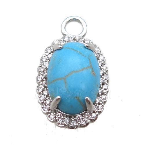 copper oval pendant paved zircon with turquoise, platinum plated
