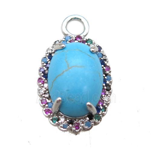 copper oval pendant paved zircon with turquoise, platinum plated
