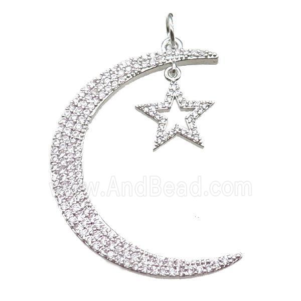 copper moon star pendant paved zircon, platinum plated