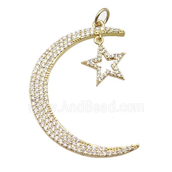 copper moon star pendant paved zircon, gold plated
